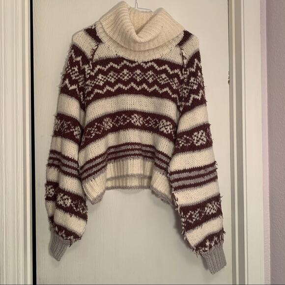 Free People Check Me Out Holiday Printed Winter Fog Combo Turtleneck Sweater NWT